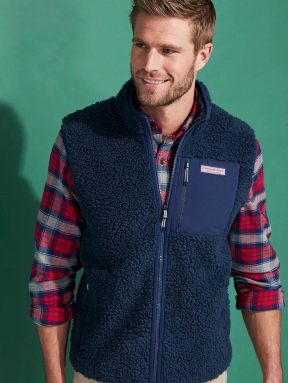 Vineyard Vines Sherpa Fleece Vest Men’s L Navy Full Zip Zip Pockets Warm